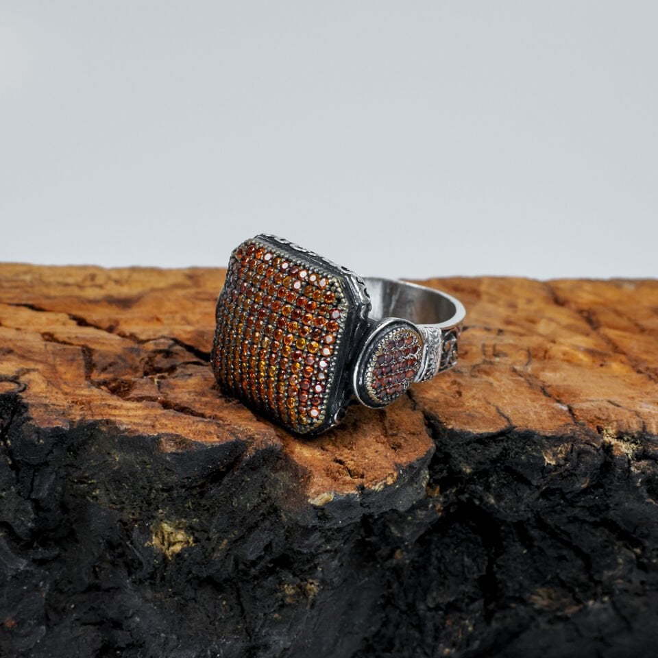 Turuncu Zirkon Taşlı Kare Model 925 Ayar Gümüş Erkek Yüzük