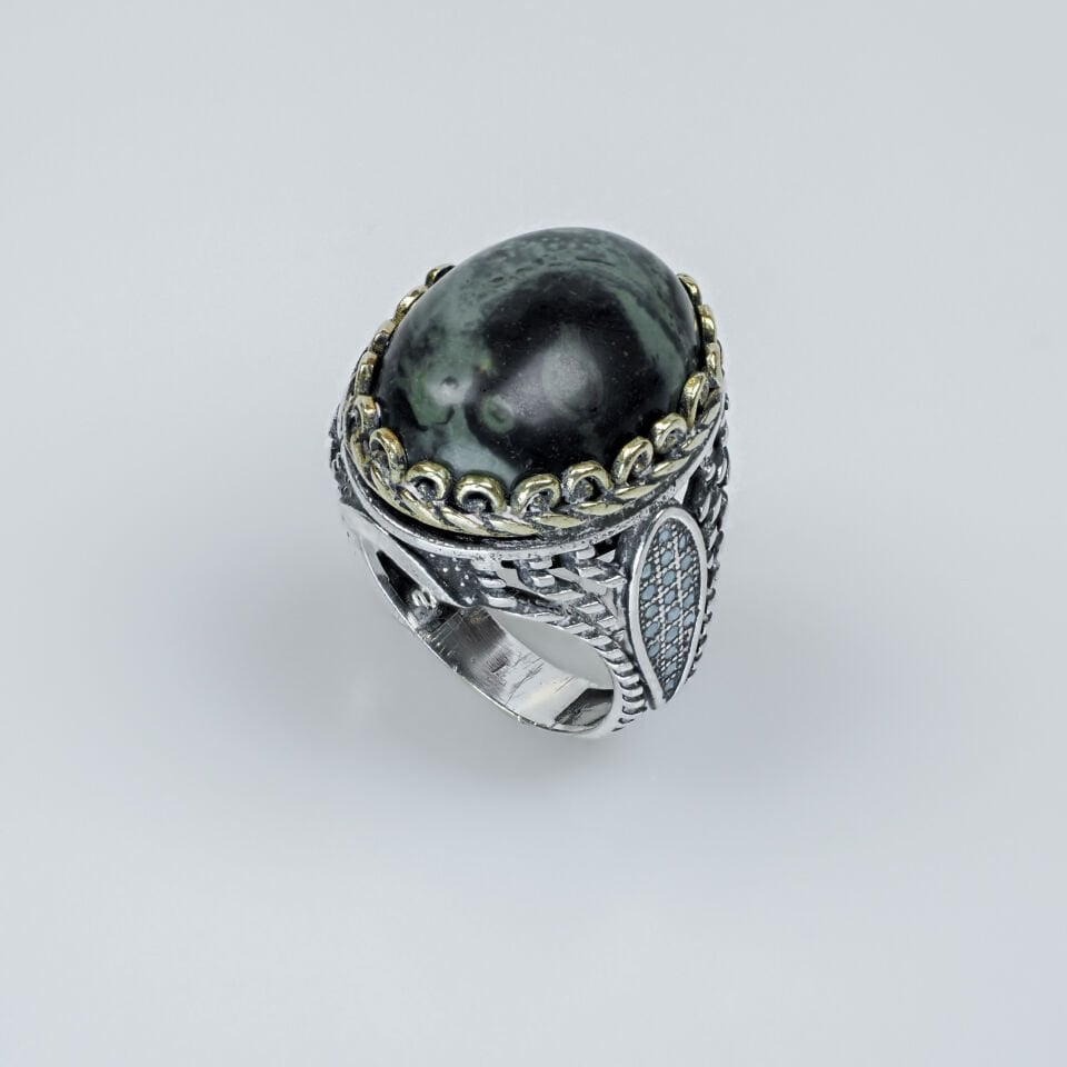 Yılan Taşı (Serpantin) İşlemeli Gümüş Erkek Yüzük