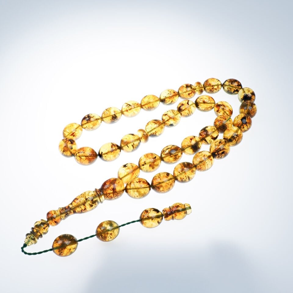 Fosilli Damla Kehribar Beyzi Kesim Koleksiyonluk Tesbih