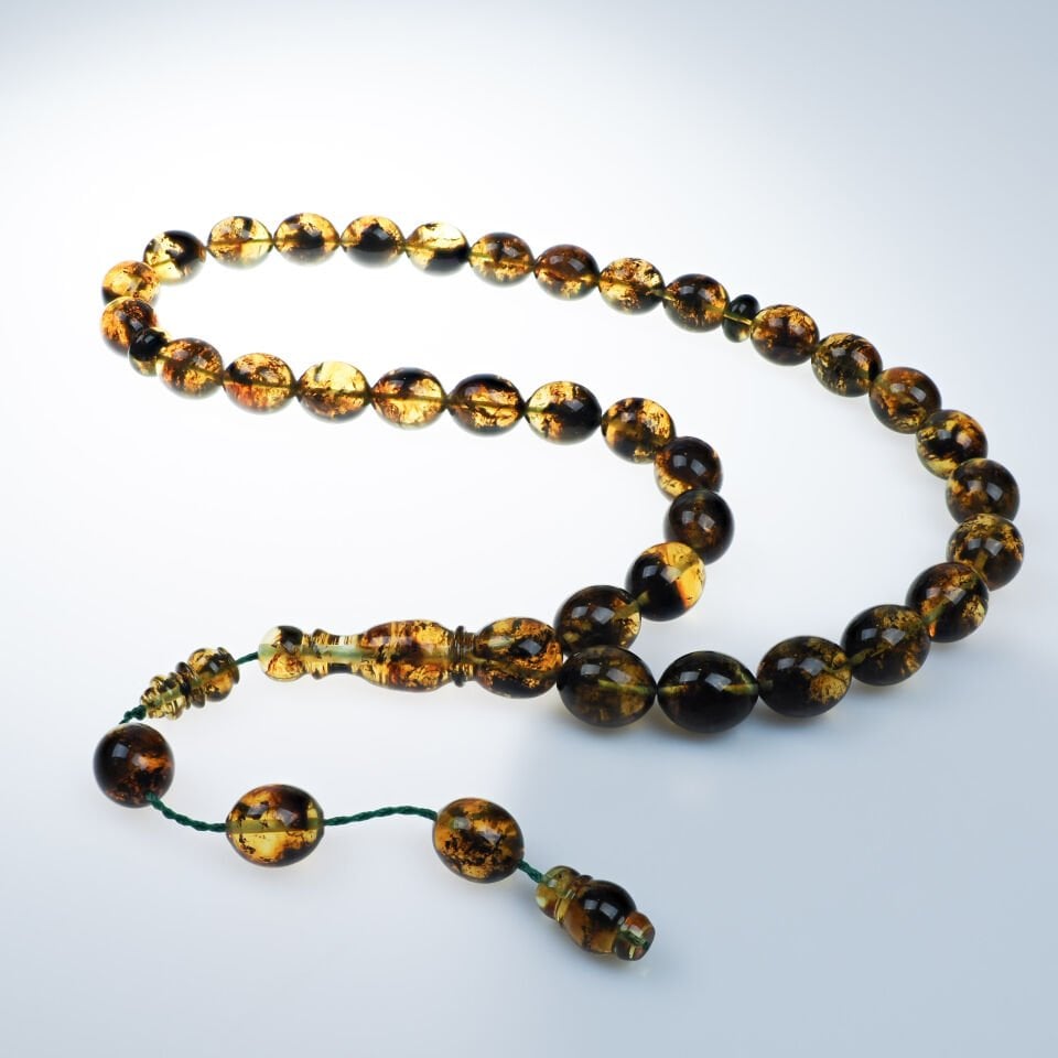 Fosilli Damla Kehribar Beyzi Kesim Koleksiyonluk Tesbih