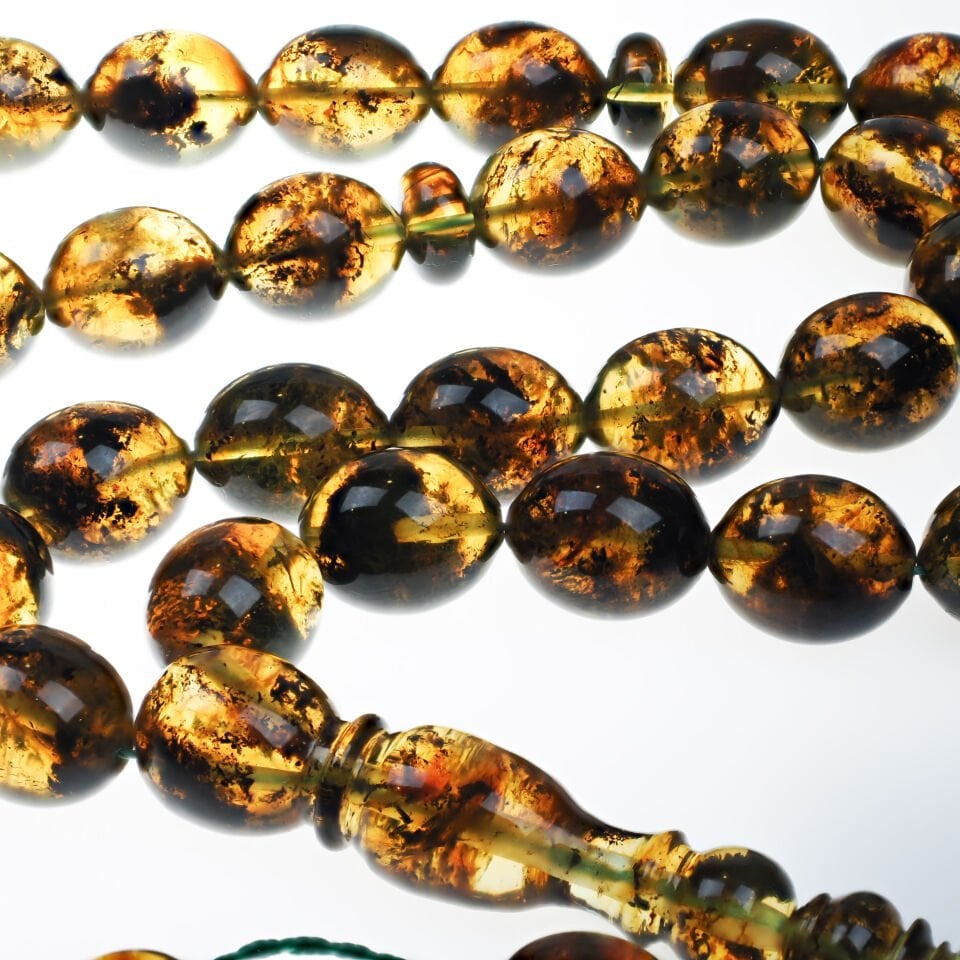 Fosilli Damla Kehribar Beyzi Kesim Koleksiyonluk Tesbih