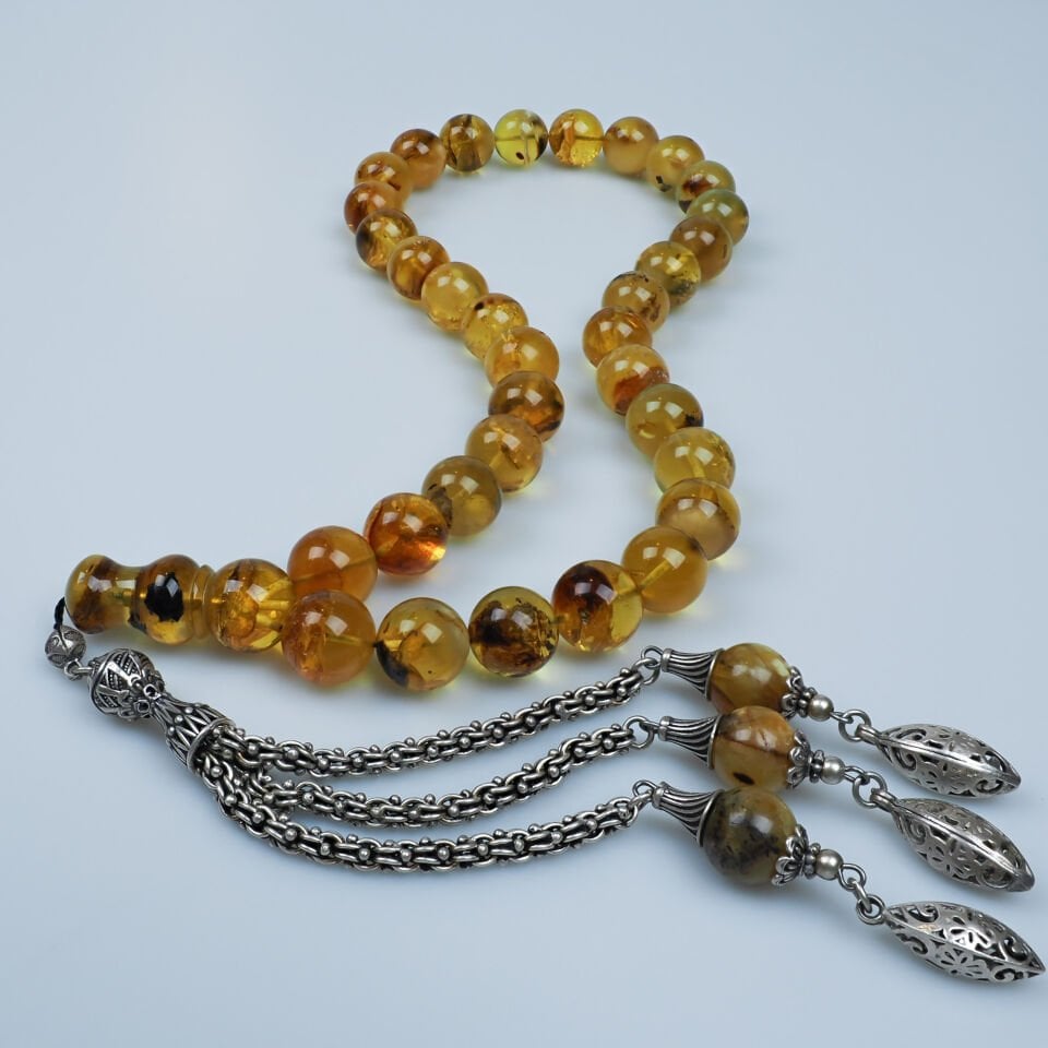 Fosilli Damla Kehribar 925 Ayar Gümüş Püsküllü İri Boy Tesbih