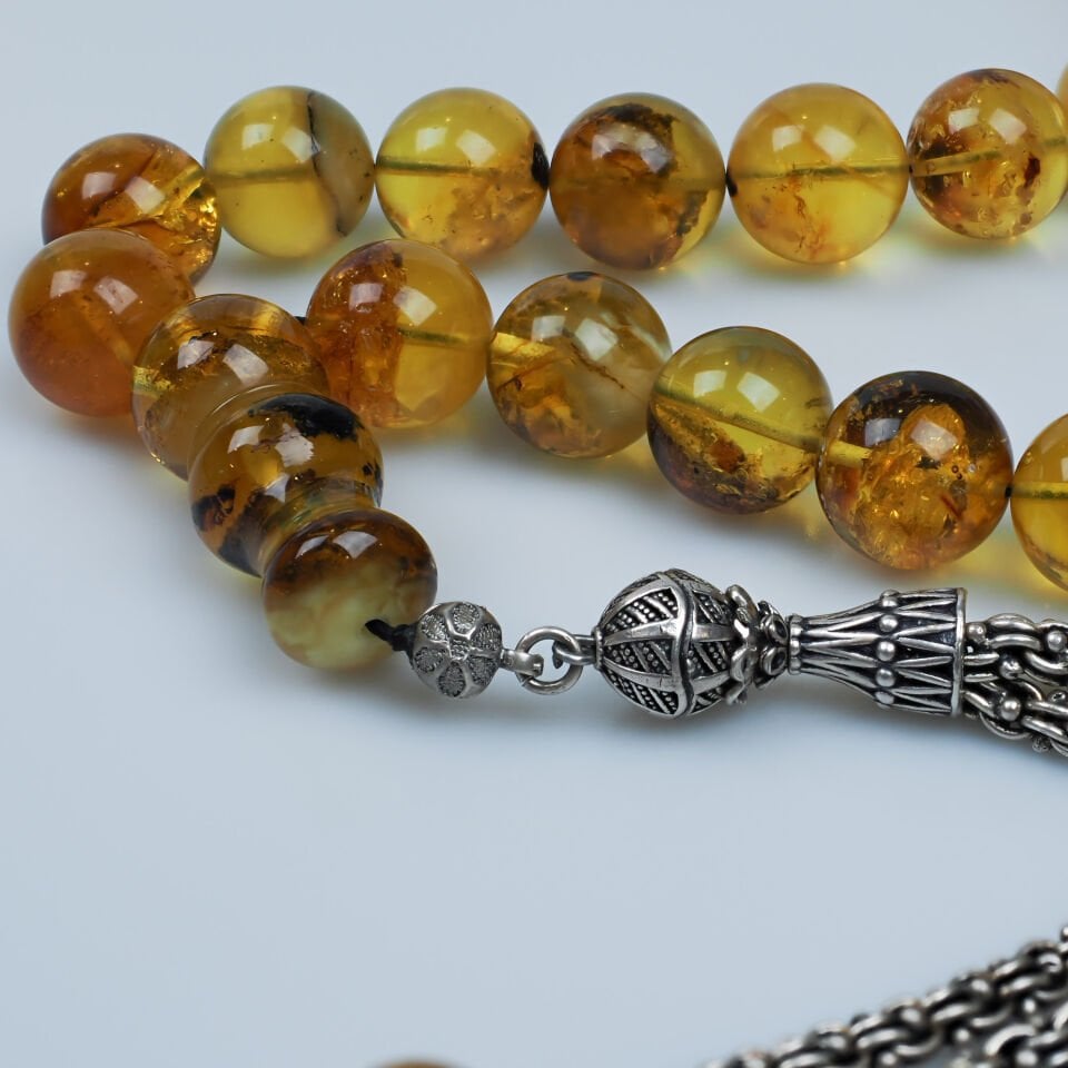 Fosilli Damla Kehribar 925 Ayar Gümüş Püsküllü İri Boy Tesbih