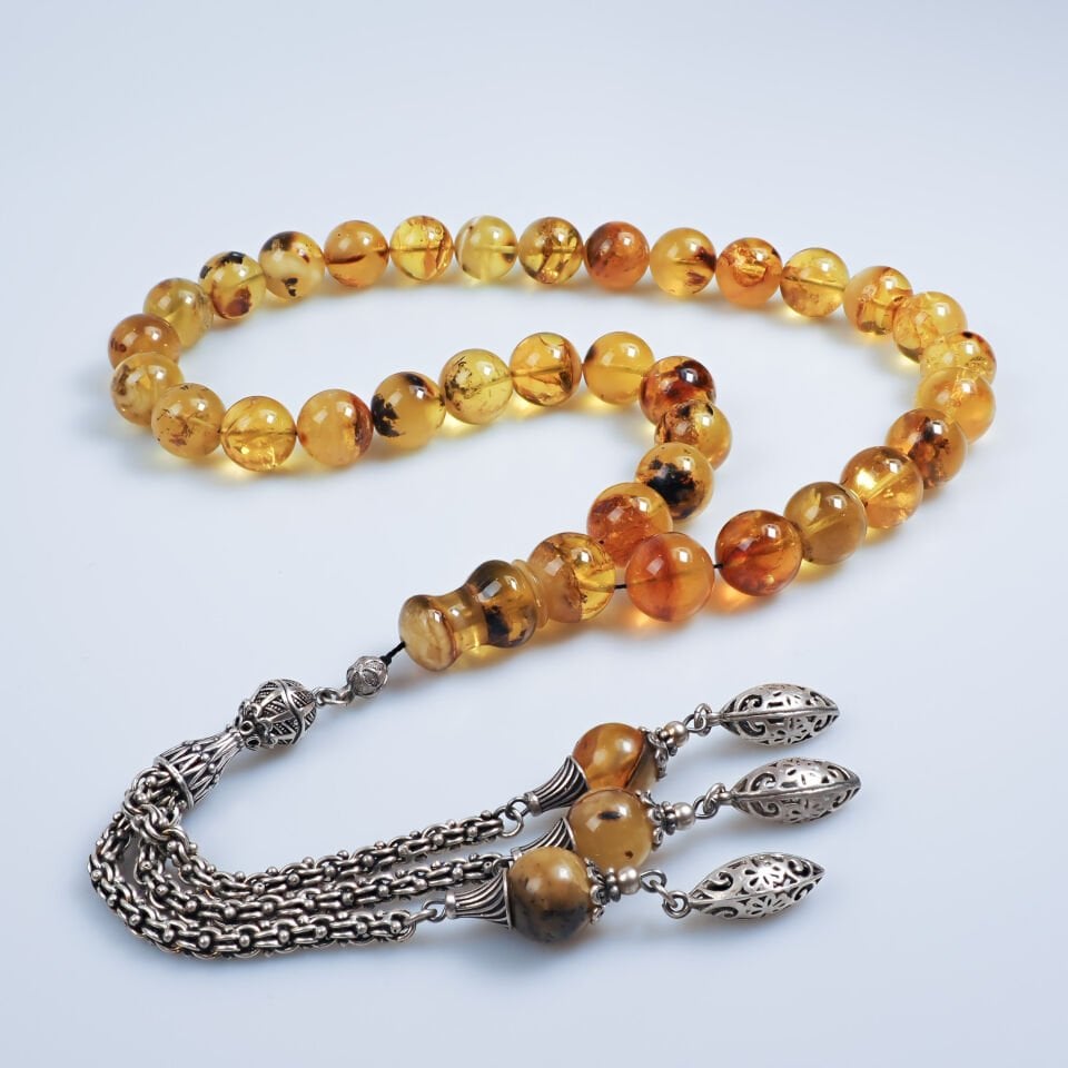 Fosilli Damla Kehribar 925 Ayar Gümüş Püsküllü İri Boy Tesbih