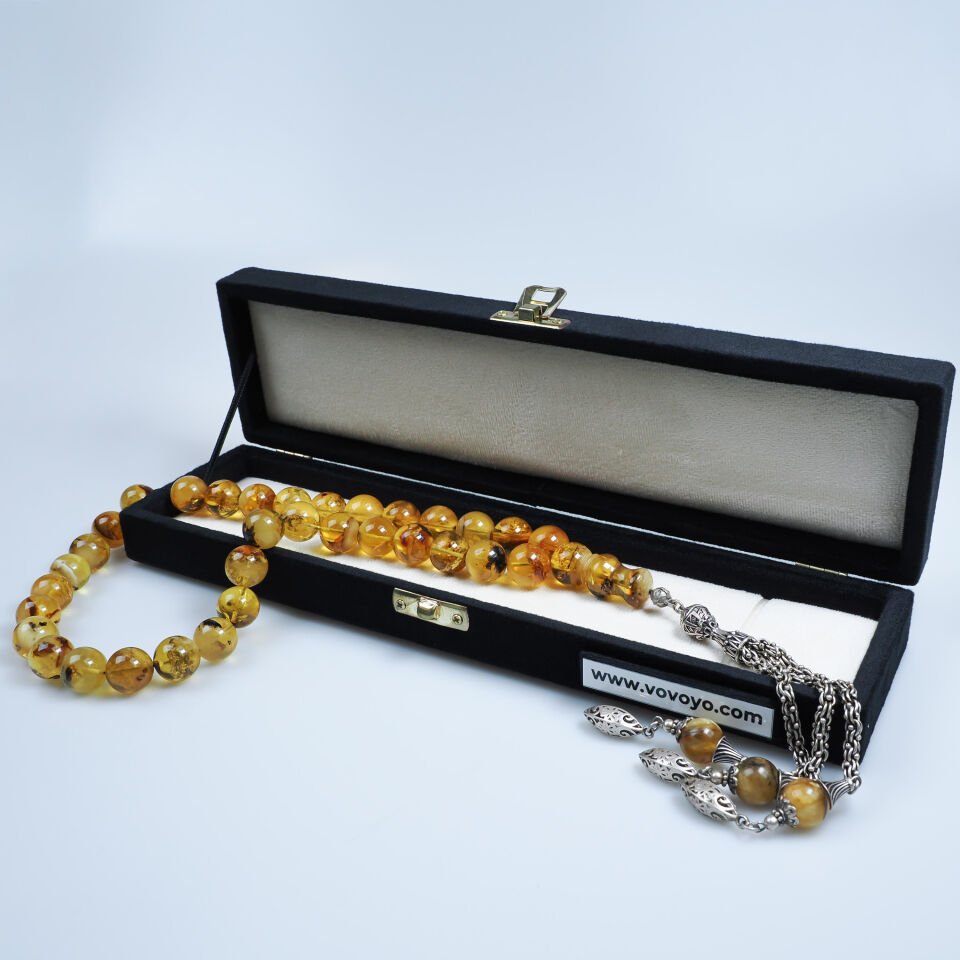 Fosilli Damla Kehribar 925 Ayar Gümüş Püsküllü İri Boy Tesbih