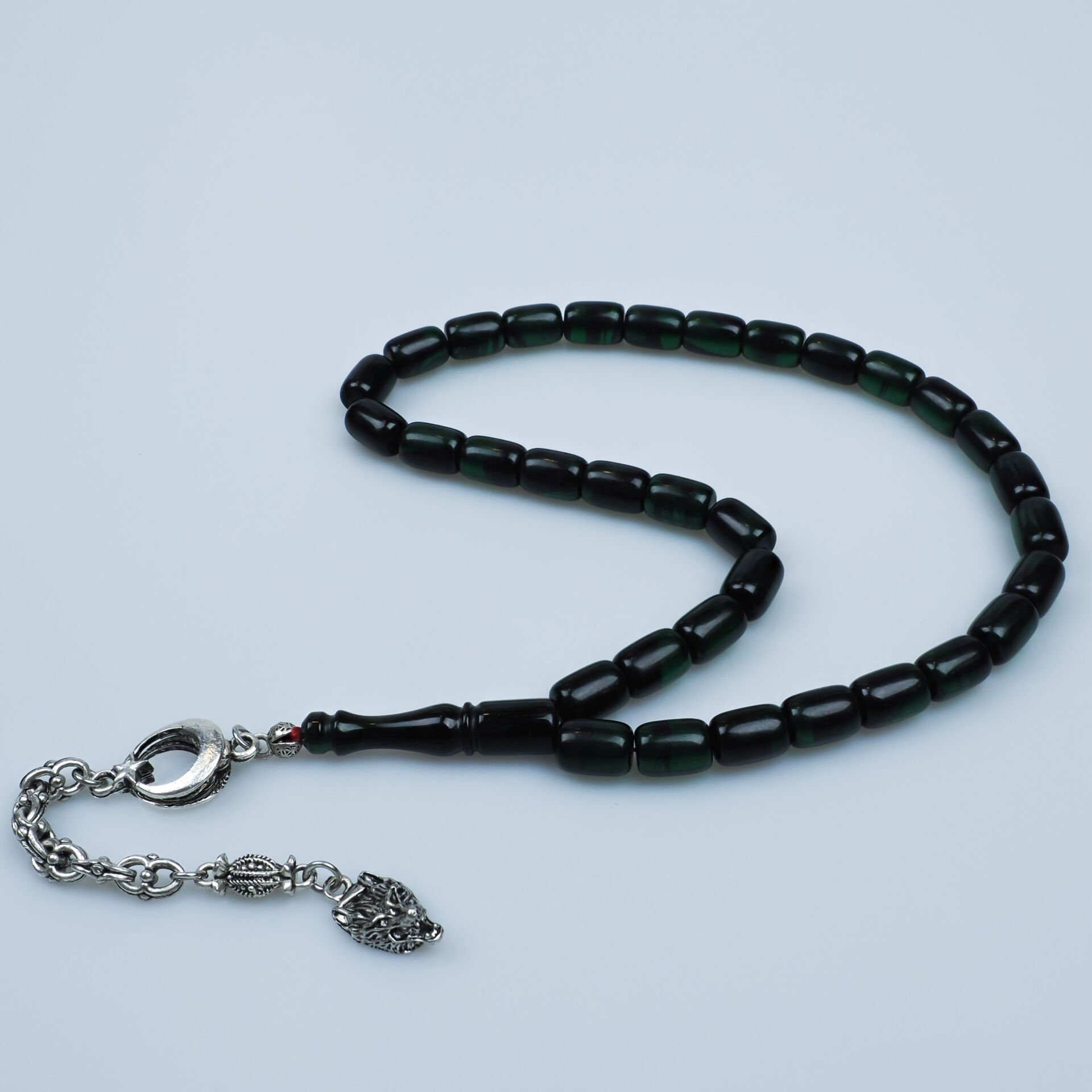 Kapsül Kesimli Koyu Yeşil Ateş Kehribar Tesbih