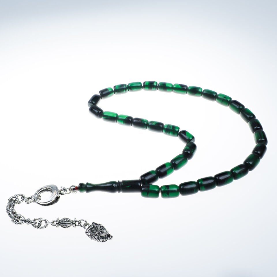 Kapsül Kesimli Koyu Yeşil Ateş Kehribar Tesbih