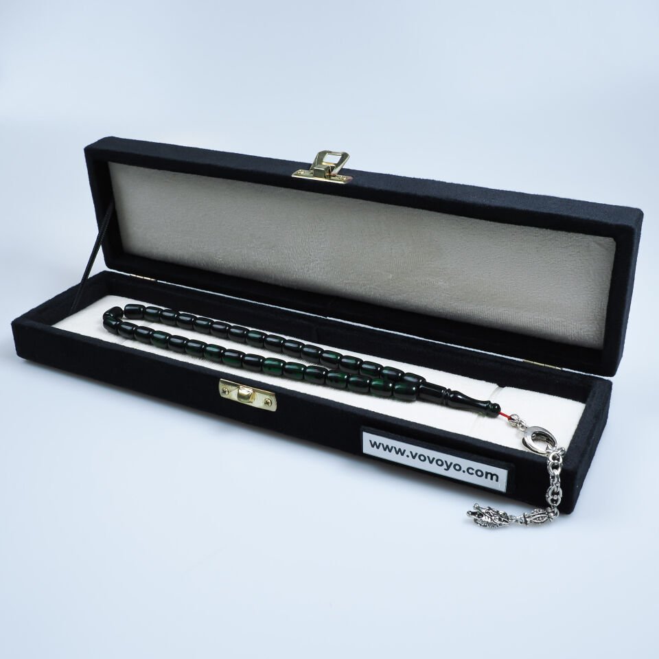 Kapsül Kesimli Koyu Yeşil Ateş Kehribar Tesbih