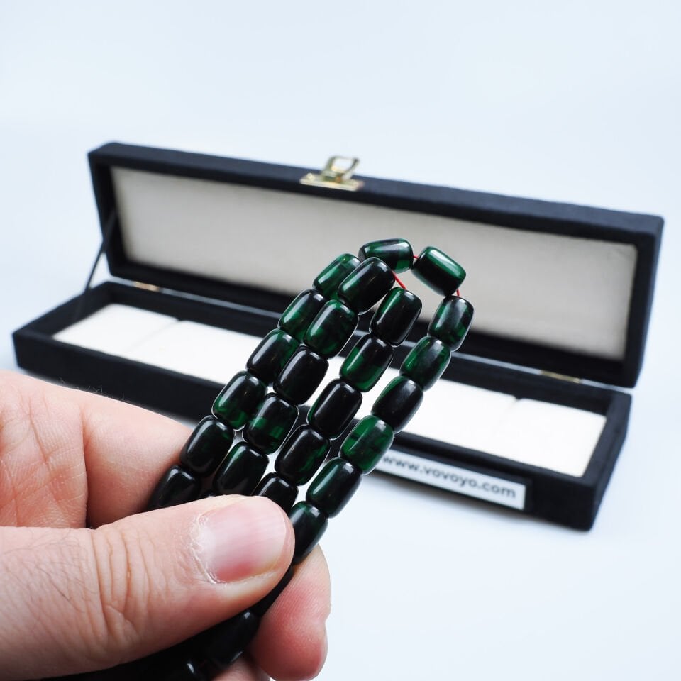 Kapsül Kesimli Koyu Yeşil Ateş Kehribar Tesbih