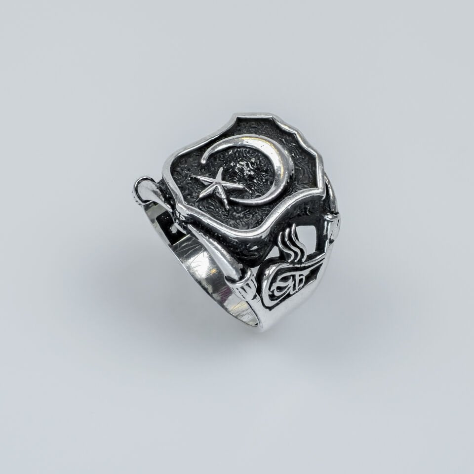 Ay Yıldız Motifli Eskitme 925 Ayar Erkek Gümüş Yüzük