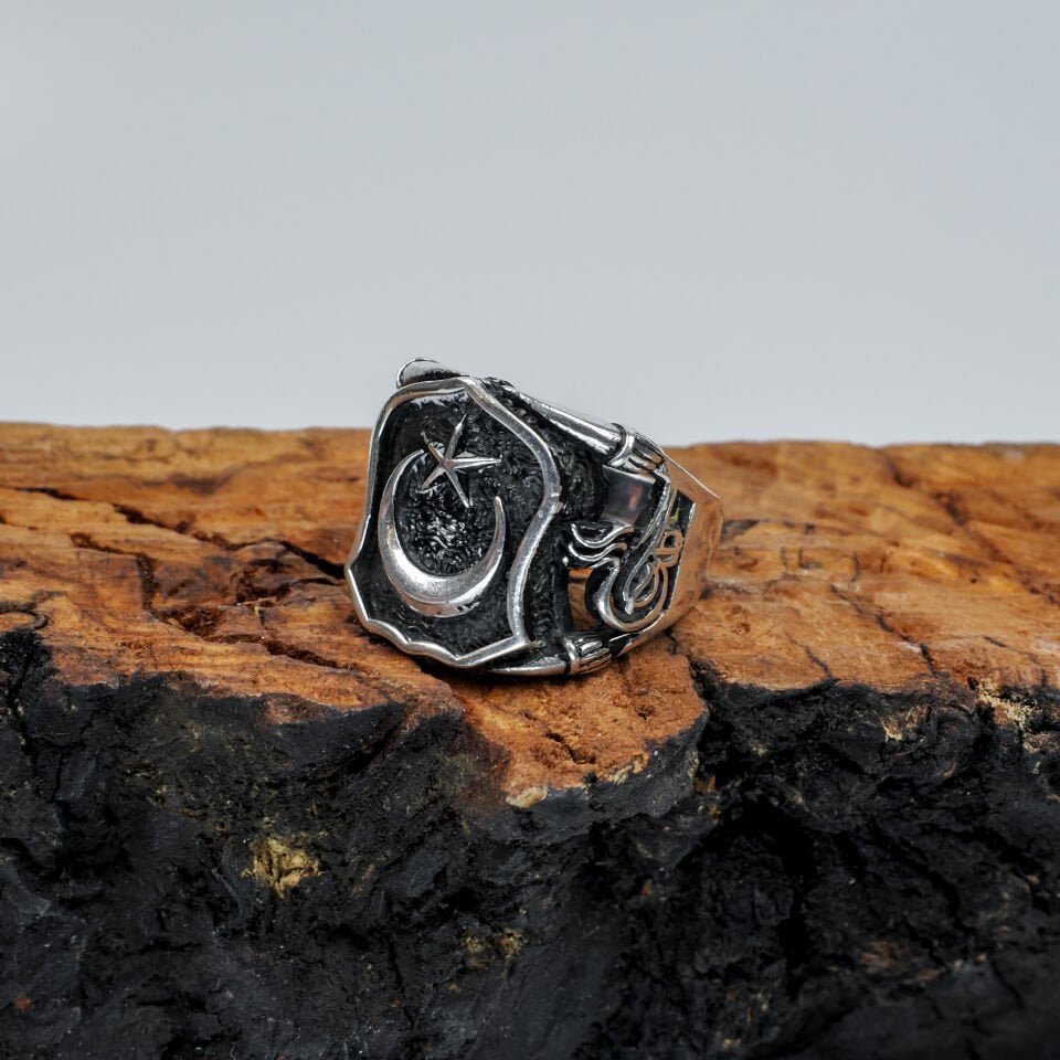 Ay Yıldız Motifli Eskitme 925 Ayar Erkek Gümüş Yüzük