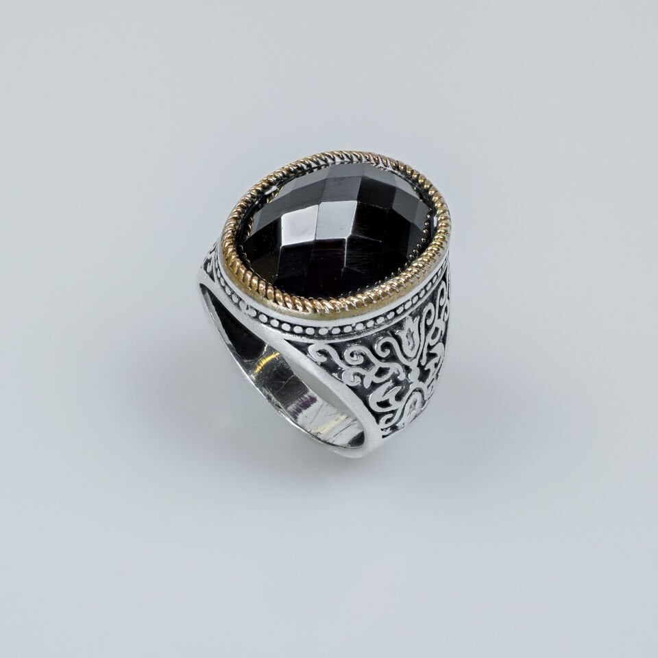 Kırmızı Zirkon Taşlı Antik İşlemeli 925 Ayar Erkek Gümüş Yüzük