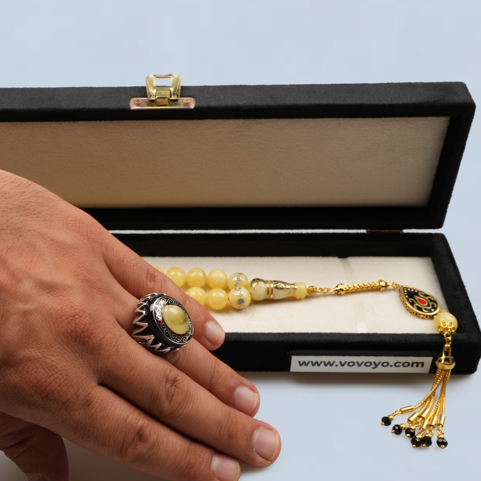 Swarovski Taş Mıhlamalı Doğal Damla Kehribar Tesbih & Patentli Oltu-Damla Yüzük Seti